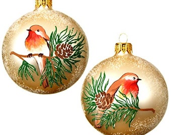 Finch Bird Mouth Blown Glass Ornaments - Set of 2 House Finch on Pine Branch Glass Balls Made in Ukraine 2022