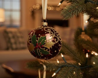 Holly Leaves and Berries Ornament - European Mouth-Blown Glass Ball Holiday Christmas Tree Decoration, Brown Hand-Painted Holiday Bauble