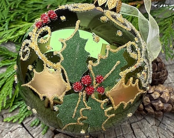 Holly Leaves and Berries Ornament - European Mouth-Blown Glass Ball Holiday Christmas Tree Decoration, Green Botanical Hand-Painted Bauble