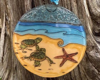 Hatching Baby Sea Turtles Christmas Tree Ornament - Art Glass Light Catcher Holiday Decoration - Travel Beach Animal Gift