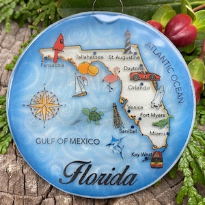 Florida kaart kerstboomornament - kunstglas lichtvanger glazen ornament vakantiecadeau - attent cadeau - vergeet je reis niet!