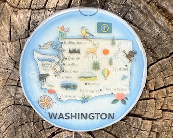 Washington State Map Christmas Tree Ornament - Art Glass Light Catcher - Travel Gift - Tacoma Olympia Spokane