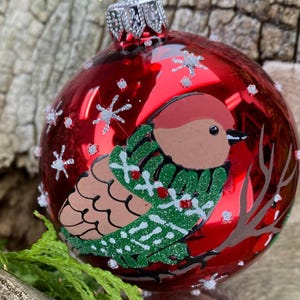 Bird Blown Glass Ornament Christmas Tree Decoration, Red Hand-Painted Ball Ornament, Mouth-Blown Glass Gift