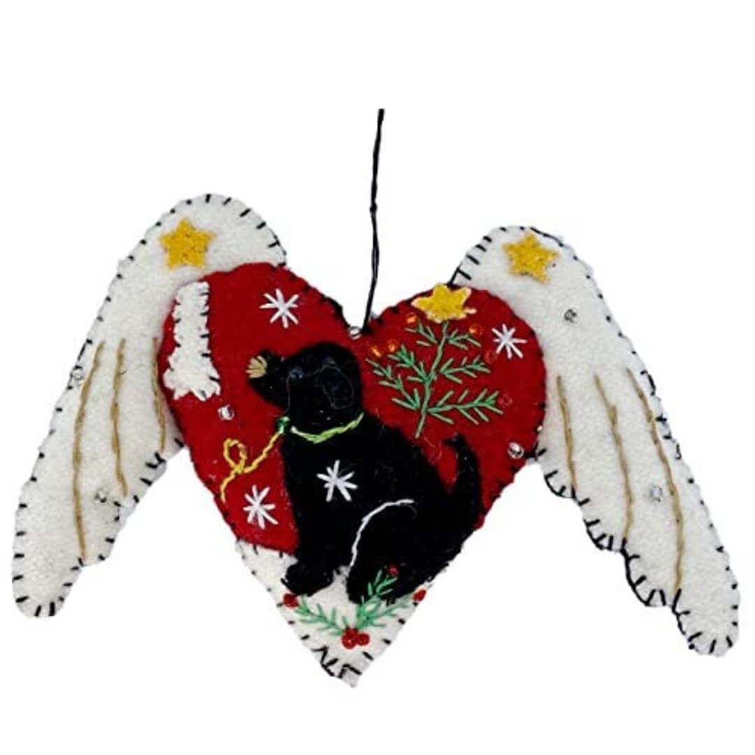 Black Dog Ornament Hand Embroidered Heart With Angel Wings Etsy