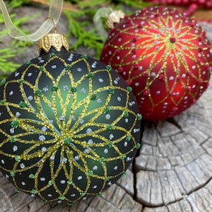 Blown Glass Ornaments - Set of 2 Star Burst European Glass Ball Decorations- Made in Ukraine - Beautiful Detailed Christmas Ornaments