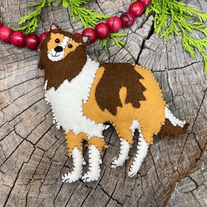 Collie Dog Ornament - Wool Embellished Hand Embroidered Brown Collie Dog - Handmade Detailed Embroidery and Beading Gift