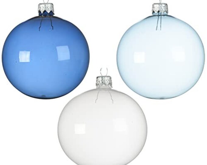 Blue and White Mouth Blown Glass Ornaments Set of 3 Glass Balls Made in