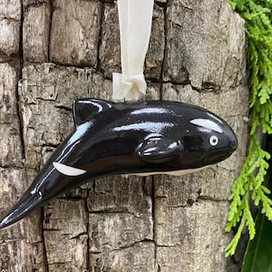 Orca Whale Ornament – Porcelain Art Hanging Figurine - Hand Glazed Christmas Ornament Holiday Gift Ocean Marine Animal Coastal Decoration