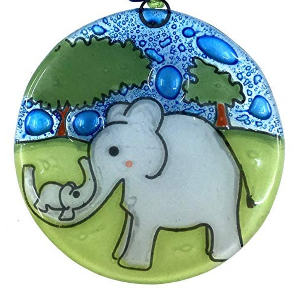 Mom and Baby Elephant Christmas Tree Ornament - Art Glass Light Catcher