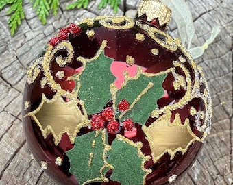 Holly Leaves and Berries Ornament - European Mouth-Blown Glass Ball Holiday Christmas Tree Decoration, Dark Red Berries Handmade Bauble