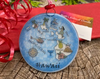 Hawaii Island Map Christmas Tree Ornament - Art Glass Light Catcher Glass Ornament Holiday Gift