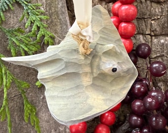 Stingray Christmas Tree Ornament – Wood Carved Coastal Art Hanging Holiday Figurine Decoration - Coastal Sting Ray Manta Holiday Decoration