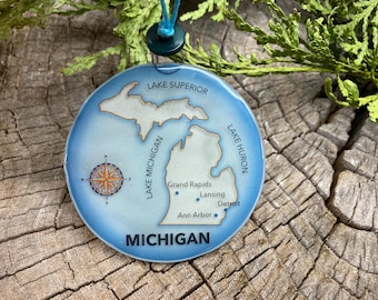 Michigan State Map Christmas Tree Ornament - Art Glass Light Catcher - Travel Gift Lake Michigan Great Lakes Map Decoration