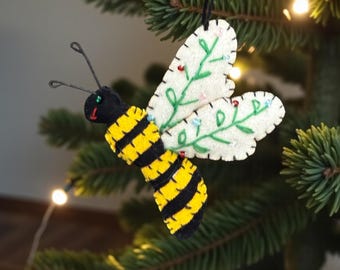 Bee Ornament - Wool Embellished Hand Embroidered Honeybee Christmas Tree Holiday Decoration Beekeeper Honey Beehive Bumblebee Handmade Gift
