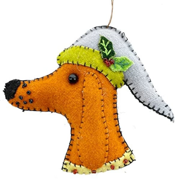Dog Ornament - Wool Embellished Hand Embroidered Orange Dog Head - Handmade Detailed Embroidery and Beading Gift