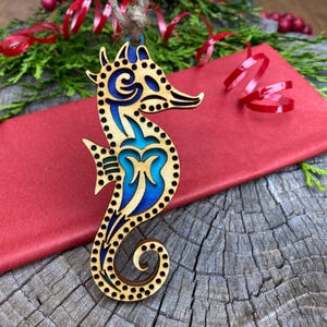 Seahorse Coastal Christmas Tree Ornament, Handcrafted Wood Holiday Keepsake Sea Horse Aquatic Ocean Beach Coastal Decoration Gift