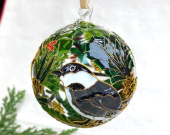 Cloisonne Chickadee Glass Ball Ornament, Gift Boxed Bird Holiday Decoration - Elegant Artisan Hand Blown Glass Enamel Christmas Decoration
