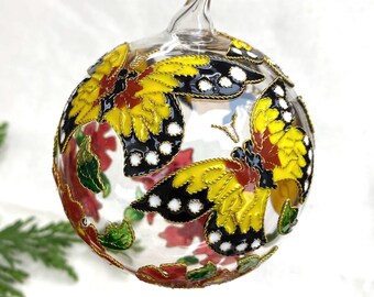 Cloisonne Butterfly Glass Ball Ornament, Gift Boxed Yellow Monarch Butterflies Decoration Blown Glass Enamel Ornaments
