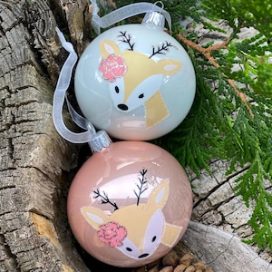 Blown Glass Painted Ornaments - Pink and White Deer Reindeer Glass Balls Hand Painted Keepsake Gift Set - Beautiful Unique Set of 2