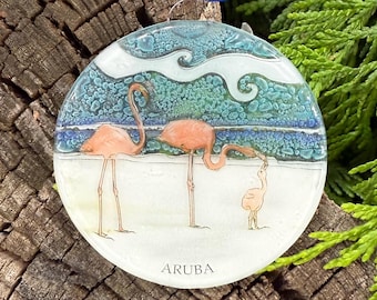 Aruba Flamingos Ornament Christmas Tree Ornament - Art Glass Light Catcher Holiday Hanging Decoration - Travel Gift - Flamingo Island