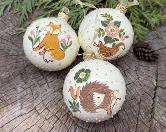 Hand Painted Blown Glass Globe Animal Ornaments – European Mouth-Blown Cream Glass Balls Set of 3 Fox, Hedgehog, and Bird with Floral Accent