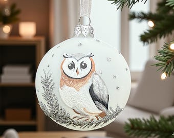 Owl Blown Glass Ornament – Matte White European Mouth Blown Hand Painted Glass Ball Holiday Christmas Tree Decoration
