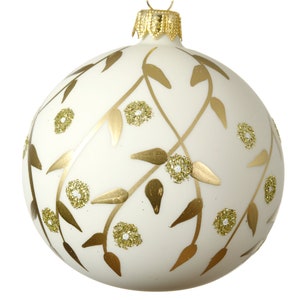 Blown Glass Ornament - Gold and White Branches and Berries Glass Ball Keepsake Ornament Decoration