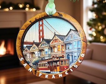 San Francisco Ornament - 3D Handmade Wood Christmas Tree Decoration - California Travel Gift - Golden Gate Bridge, Painted Ladies Houses