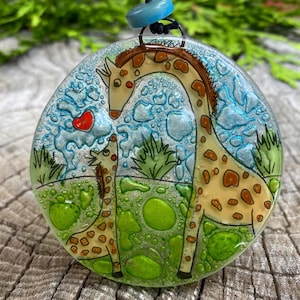 Mom and Baby Giraffe Christmas Tree Ornament - Art Glass Light Catcher Glass Ornament Holiday Gift