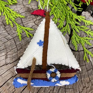 Sail Boat Ornament for Holiday Christmas Tree - Handmade Detailed Embroidery and Beading Gift Lake Ocean Nautical Sailing Gift