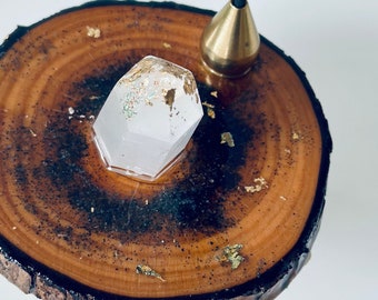 Healing Clear Calcite Crystal & Brass Incense Stand