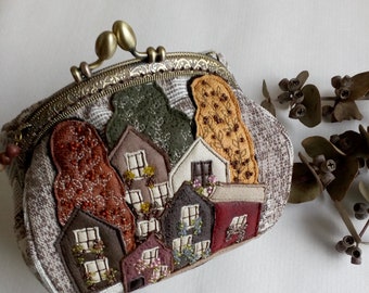 Handmade Fabric Cosmetic Bag, Applique Houses, Beaded Embroidery