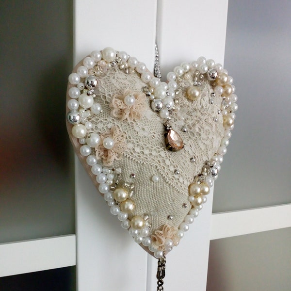 Heart made of fabric, handmade heart, vintage heart, heart on the door