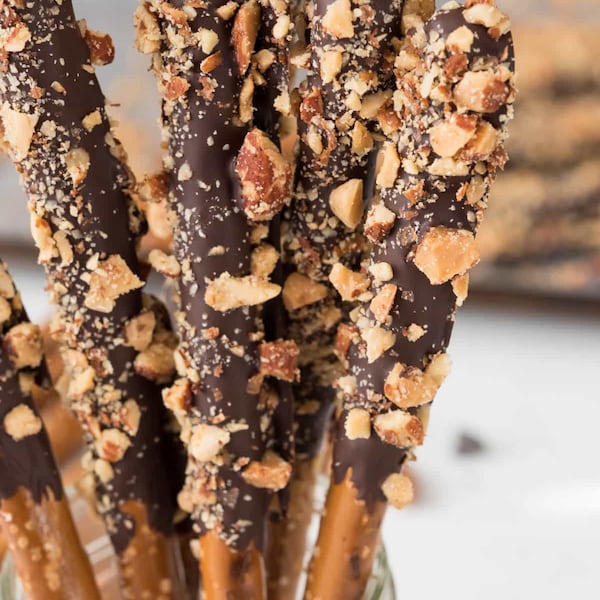 Chocolate Covered Pretzel Rods with Nuts (Half Dozen), White/Milk Chocolate Dipped Pretzels, Rolled in Pistachios, Peanuts, Walnuts, Pecans