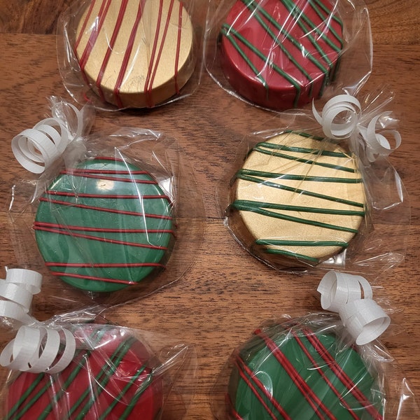 Traditional Christmas Chocolate Covered Oreos (half dozen); Oreos in Red, Green, and Gold and Drizzled with Red and Green