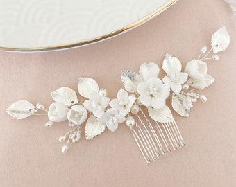 Accesorios para el cabello nupcial boda joyería nupcial flores del pelo peine del pelo de plata novia perla postizo blanco flores clásicas arreglo del pelo tocado