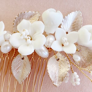 Peigne à cheveux de mariée, bijoux de cheveux de mariée avec fleurs et perles, or, rose, blanc, bijoux de mariée pour mariage, bijoux de cheveux mariée, bijoux de mariée image 2