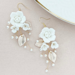 Wedding earrings white roses with pearls, gold pink white bridal earrings for wedding bridal earrings earrings