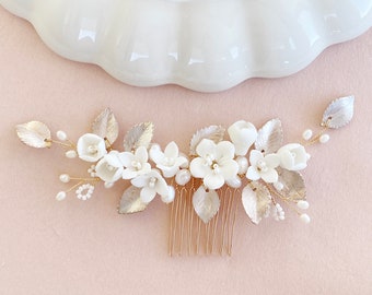 Peigne à cheveux de mariée, bijoux de cheveux de mariée avec fleurs et perles, or, rose, blanc, bijoux de mariée pour mariage, bijoux de cheveux mariée, bijoux de mariée