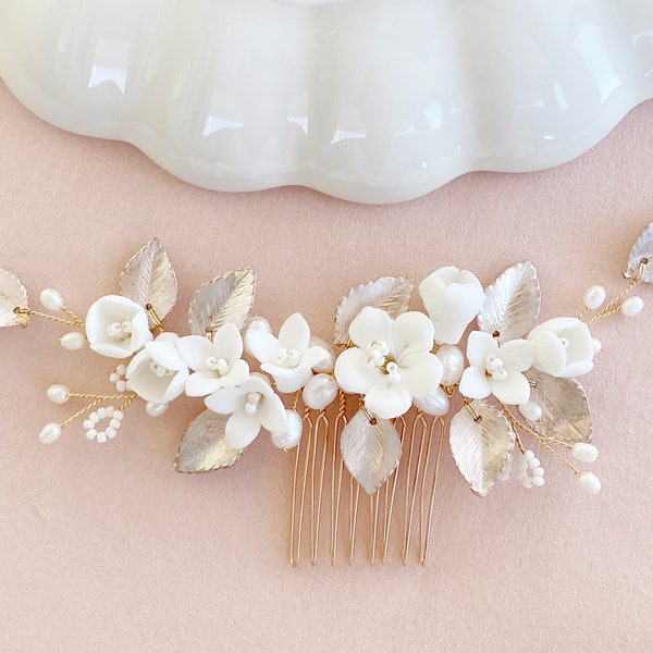 Pettine per capelli da sposa, gioielli per capelli da sposa con fiori e perle, oro, rosa, bianco, gioielli da sposa per matrimonio, gioielli per capelli sposa, gioielli da sposa