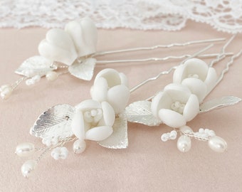 Braut Haarnadeln silber weiße Haarnadel-Set Braut Hochzeit Blumen und Perlen Brautzubehör Haar-Accessoires für Braut Blüten Brautschmuck