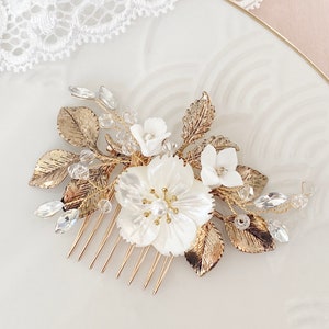 Bijoux de mariée peigne à cheveux mariée or nacre fleurs coiffure de mariage accessoires de cheveux perles strass accessoires de cheveux fleurs de mariage peigne à cheveux boho image 3