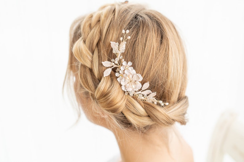 Braut Haarkamm Hochzeit, Brauthaarschmuck Kamm gold, Blumen und Perlen, Hochzeitsschmuck, Haarteil, Steckkamm, Blüten, rosa weiß gold Frisur Bild 5