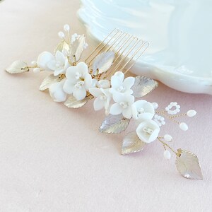 Peigne à cheveux de mariée, bijoux de cheveux de mariée avec fleurs et perles, or, rose, blanc, bijoux de mariée pour mariage, bijoux de cheveux mariée, bijoux de mariée image 8