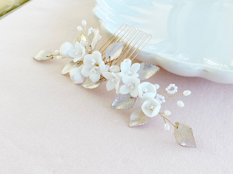 Bridal hair comb, bridal hair jewelry with flowers and pearls, gold, pink, white, bridal jewelry for wedding, hair jewelry bride, bridal jewelry image 8