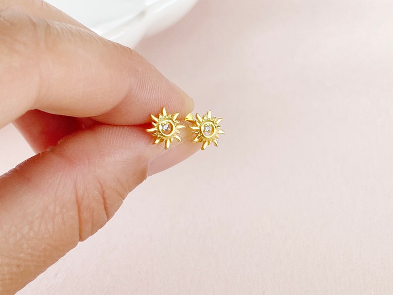 Sun stud earrings silver gold plated stud earrings with sun blue glitter stone sun earrings sun earrings gift jewelry idea girlfriend image 1