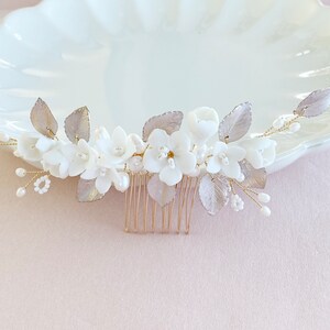 Peigne à cheveux de mariée, bijoux de cheveux de mariée avec fleurs et perles, or, rose, blanc, bijoux de mariée pour mariage, bijoux de cheveux mariée, bijoux de mariée image 5