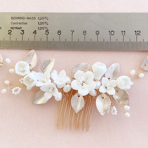 Peigne à cheveux de mariée, bijoux de cheveux de mariée avec fleurs et perles, or, rose, blanc, bijoux de mariée pour mariage, bijoux de cheveux mariée, bijoux de mariée image 10