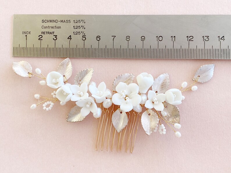 Bridal hair comb, bridal hair jewelry with flowers and pearls, gold, pink, white, bridal jewelry for wedding, hair jewelry bride, bridal jewelry image 10