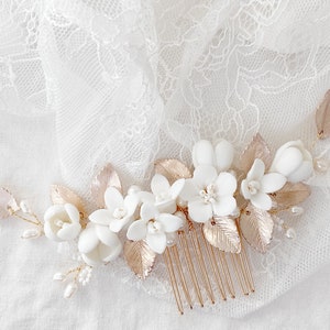 Peigne à cheveux de mariée, bijoux de cheveux de mariée avec fleurs et perles, or, rose, blanc, bijoux de mariée pour mariage, bijoux de cheveux mariée, bijoux de mariée image 9